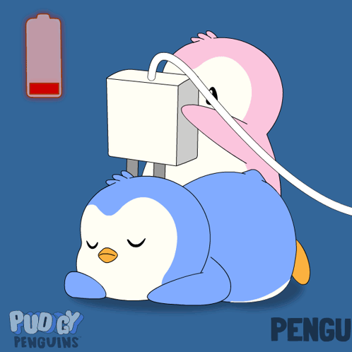 a cartoon of two penguins laying on top of each other with the word pengu on the bottom right