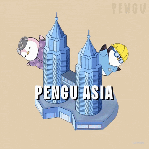 A Cartoon Of Two Penguins On Top Of A Building With The Words Pengu Asia Below Them GIF