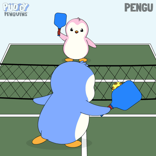 A Cartoon Of Two Penguins Playing Ping Pong With The Words Puddy Penguins On The Bottom GIF