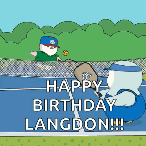 A Cartoon Of Two Penguins Playing Tennis With The Words Happy Birthday Langdon Below Them GIF