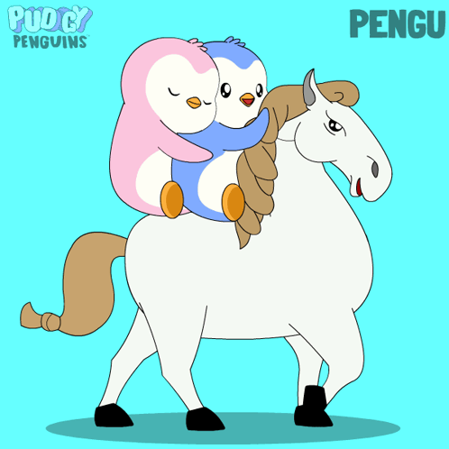 A Cartoon Of Two Penguins Riding On The Back Of A Horse Called Pengu GIF
