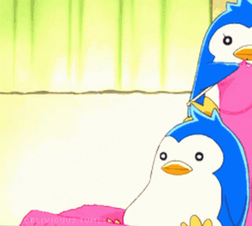 A Cartoon Of Two Penguins Sitting On A Bed With A Bug Flying In The Background GIF