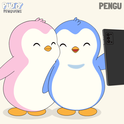 A Cartoon Of Two Penguins Taking A Selfie With A Puddy Penguins Logo Behind Them GIF
