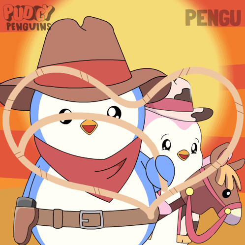 A Cartoon Of Two Penguins Wearing Cowboy Hats And Bandanas GIF