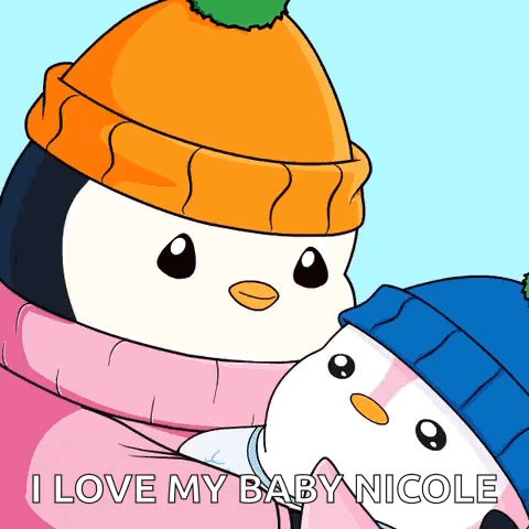 A Cartoon Of Two Penguins Wearing Hats And Scarves With The Words I Love My Baby Nicole Below Them GIF