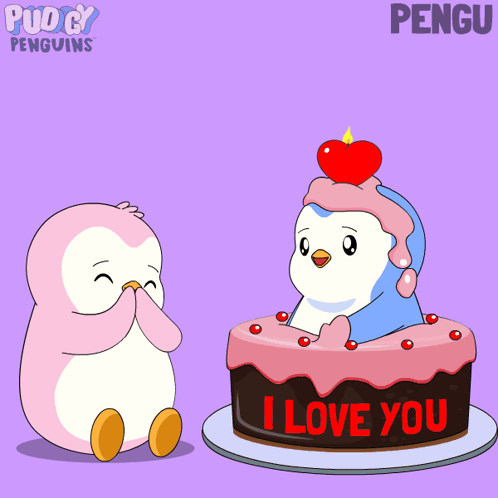 A Cartoon Of Two Penguins With A Cake That Says I Love You GIF