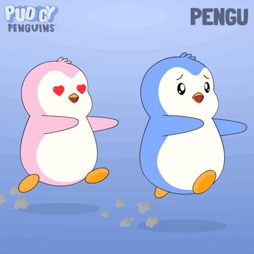 A Cartoon Of Two Penguins With Hearts On Their Faces And The Word Pengu Below Them GIF