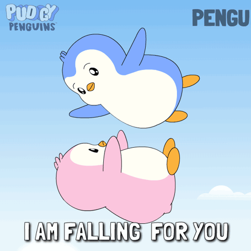 A Cartoon Of Two Penguins With The Words I Am Falling For You On The Bottom GIF