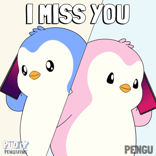 A Cartoon Of Two Penguins With The Words " I Miss You " On The Bottom GIF