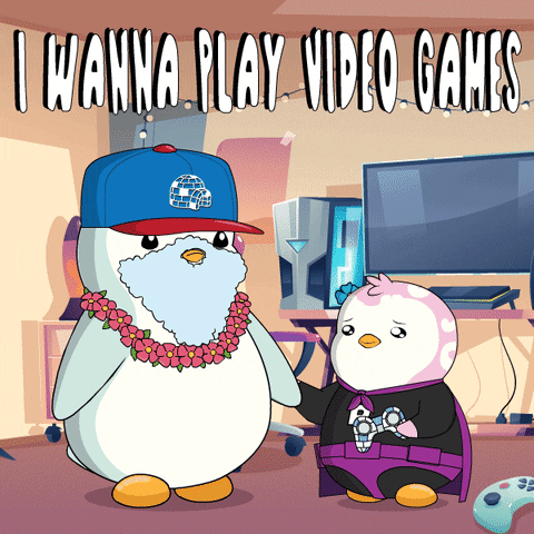 A Cartoon Of Two Penguins With The Words " I Wanna Play Video Games " On The Bottom GIF