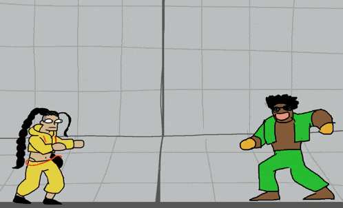 A Cartoon Of Two People Fighting With A Banana In The Middle GIF