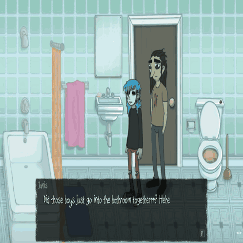 A Cartoon Of Two People In A Bathroom With The Words " Did Those Boys Just Go Into The Bathroom Together " On The Bottom GIF