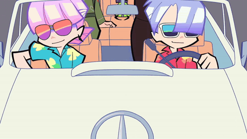 A Cartoon Of Two People In A Car With A Mercedes Logo In The Hood GIF
