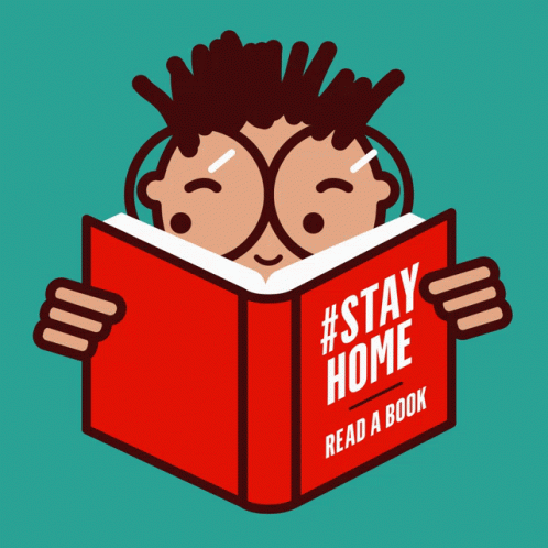 A Cartoon Of Two People Reading A Book That Says " Stay Home Read A Book " GIF