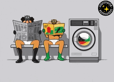 A Cartoon Of Two People Reading Newspapers Next To A Washer And Dryer GIF