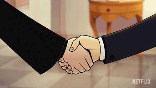 A Cartoon Of Two People Shaking Hands With A Netflix Logo In The Corner GIF