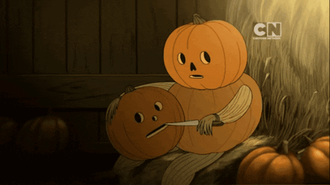 A Cartoon Of Two Pumpkins Holding A Knife With The Cn Logo In The Background GIF