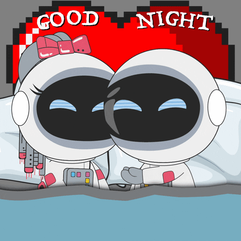 A Cartoon Of Two Robots Laying In Bed With The Words Good Night Written In The Background GIF