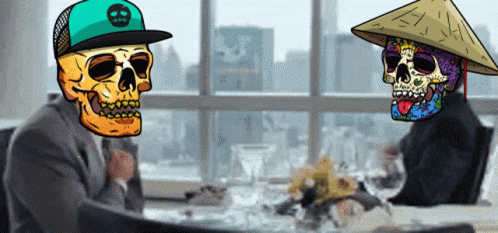 A Cartoon Of Two Skulls Sitting At A Table With One Wearing A Hat With The Letter B On It GIF