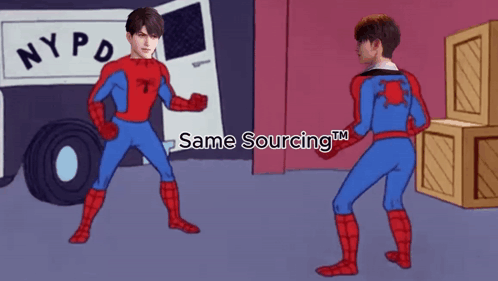 A Cartoon Of Two Spider-Man Standing Next To Each Other With The Words Same Sourcing Tm Below Them GIF