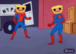 A Cartoon Of Two Spidermans Standing Next To Each Other In Front Of A Nyp Truck GIF