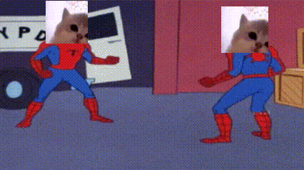 A Cartoon Of Two Squirrels In Spiderman Costumes Standing Next To Each Other GIF