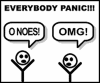 A Cartoon Of Two Stick Figures With Speech Bubbles That Say Omg And O Noes GIF