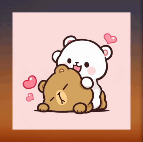 A Cartoon Of Two Teddy Bears Hugging Each Other With Hearts Around Them GIF