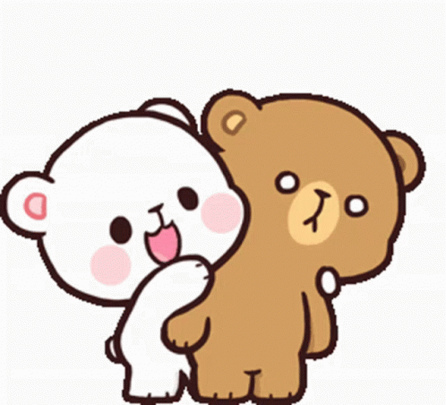 A Cartoon Of Two Teddy Bears Hugging Each Other With Hearts In The Background GIF