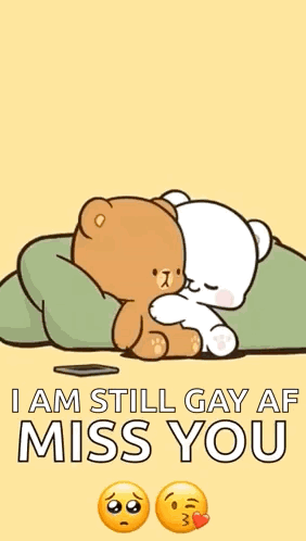 A Cartoon Of Two Teddy Bears Hugging Each Other With The Words `` I Am Still Gay And Miss You '' . GIF