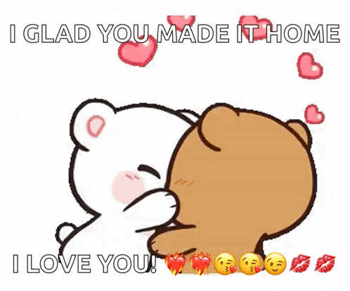 A Cartoon Of Two Teddy Bears Kissing With The Caption I Glad You Made It Home GIF