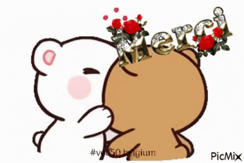A Cartoon Of Two Teddy Bears Kissing With The Word Merci Written Above Them GIF