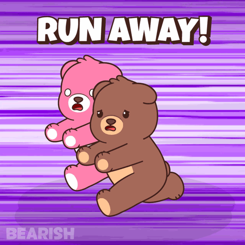 A Cartoon Of Two Teddy Bears Running With The Words Run Away Above Them GIF