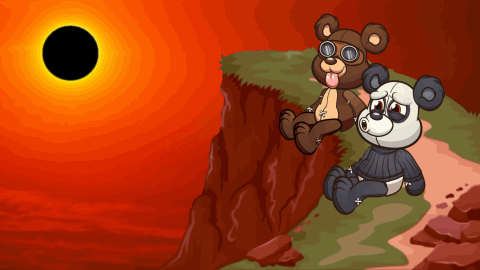A Cartoon Of Two Teddy Bears Sitting On A Cliff Watching An Eclipse GIF