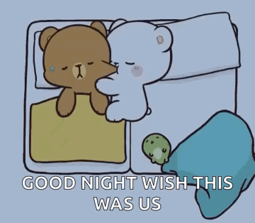 A Cartoon Of Two Teddy Bears Sleeping In A Bed With The Words `` Good Night Wish This Was Us '' GIF