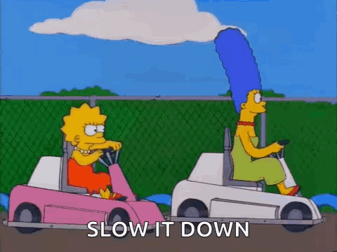 A Cartoon Of Two Women Driving Go Karts With The Words `` Slow It Down '' . GIF