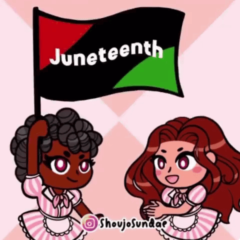 A Cartoon Of Two Women Holding A Flag That Says Juneteenth GIF