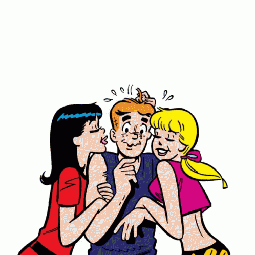 A Cartoon Of Two Women Kissing A Man With A Heart Above Them GIF