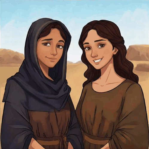 A Cartoon Of Two Women Standing Next To Each Other In A Desert GIF