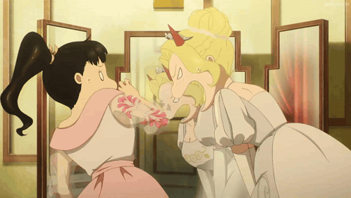 A Cartoon Of Two Women Standing Next To Each Other With One Having A Tattoo On Her Arm GIF
