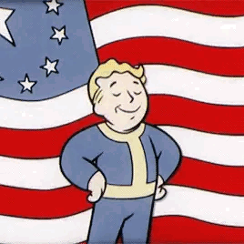 A Cartoon Of Vault Boy Standing In Front Of An American Flag . GIF