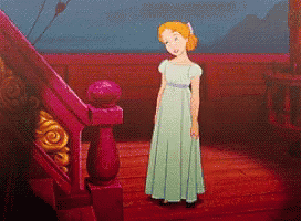 A Cartoon Of Wendy From Peter Pan Standing Next To A Railing GIF