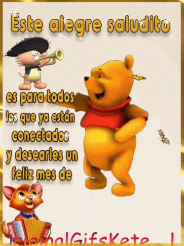 A Cartoon Of Winnie The Pooh And A Cat With An Accordion GIF