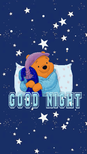 A Cartoon Of Winnie The Pooh Hugging A Blue Pillow With The Words Good Night GIF