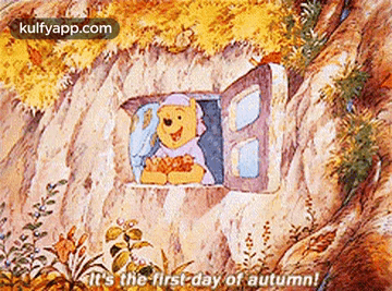 A Cartoon Of Winnie The Pooh In A Cave With The Words `` It 'S The First Day Of Autumn '' GIF