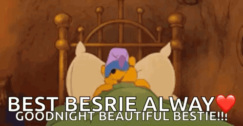 A Cartoon Of Winnie The Pooh Laying In A Bed With A Purple Hat On . GIF