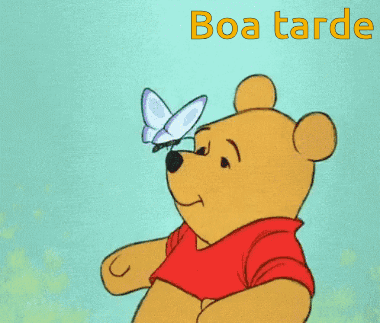 A Cartoon Of Winnie The Pooh Looking At A Butterfly With The Words Boa Tarde Below GIF