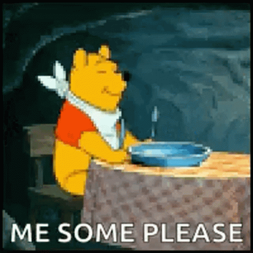A Cartoon Of Winnie The Pooh Sitting At A Table With A Plate Of Food And A Fork . GIF