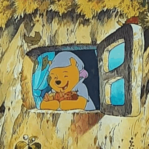 A Cartoon Of Winnie The Pooh Sitting In A Window Holding A Piece Of Food . GIF