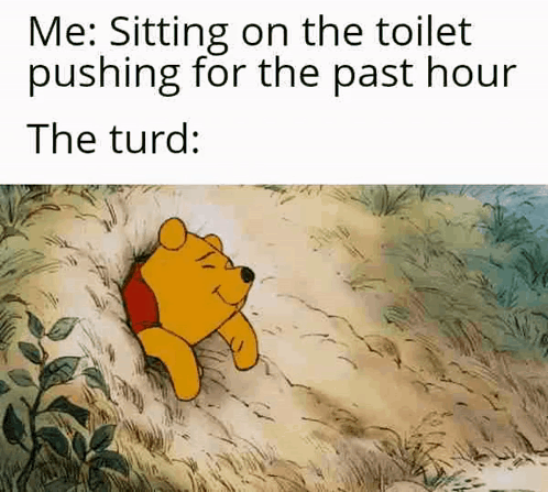 A Cartoon Of Winnie The Pooh Sitting On The Toilet Pushing For The Past Hour The Turd . GIF